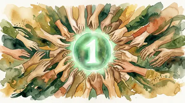 Watercolor illustration of diverse hands united around the Fund One symbol